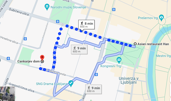 Google maps - pot od Univerze do Cankarjevega doma